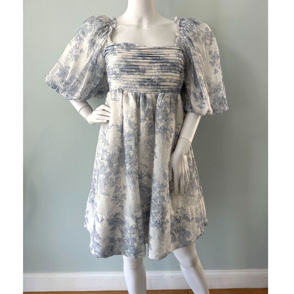 NWT Sofie the Label Cottagecore Blue Floral Puff Sleeve Babydoll Mini Dress sz L